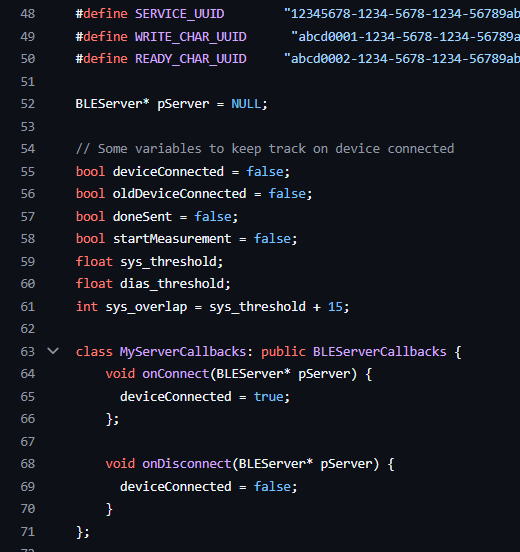 ESP32 firmware in an editor: the BLE service and characteristic UUIDs defined as constants, state flags for connection and measurement, systolic and diastolic thresholds, and a BLEServerCallbacks class with onConnect and onDisconnect setting the connected flag.