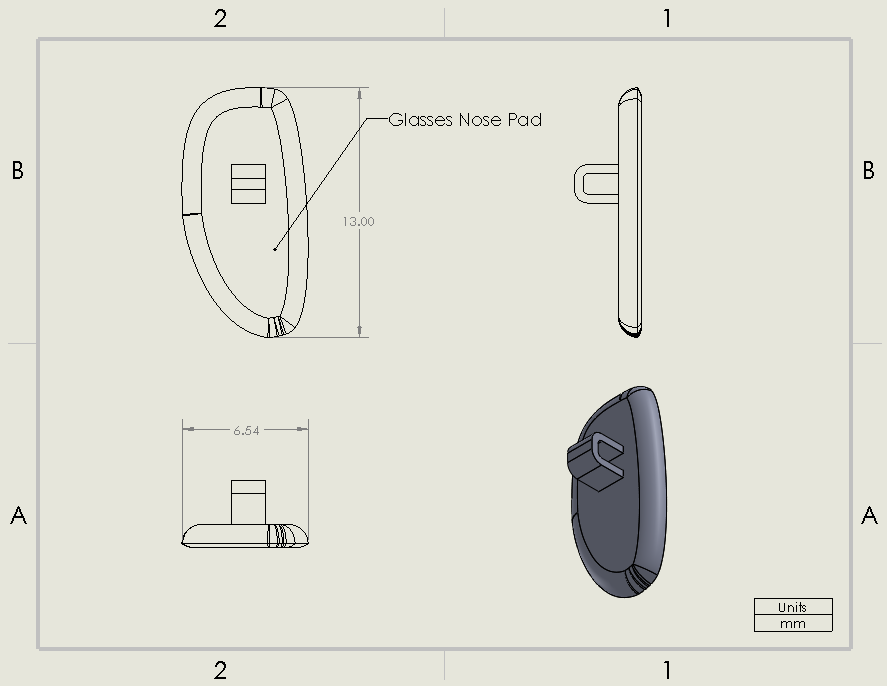 Dimensioned SOLIDWORKS drawing of a glasses nose pad in millimetres: front, side and bottom views with a shaded isometric.