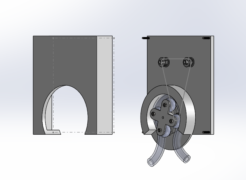 The pump drawn as two parts side by side: the housing with its tubing channel cut away, and the four-roller head on its shaft with the tubing wrapped around it.