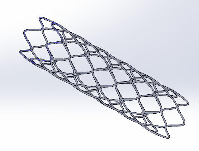 CAD model of a stent: a tubular diamond lattice of struts, shown isometrically.