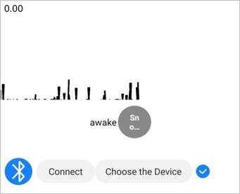 The companion app: a bar trace of blink events over time, a state readout showing awake, and Bluetooth connect and device selection controls along the bottom.