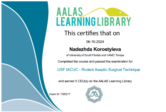 AALAS Learning Library certificate recording completion of the USF IACUC course in rodent aseptic surgical technique, dated June 2024.
