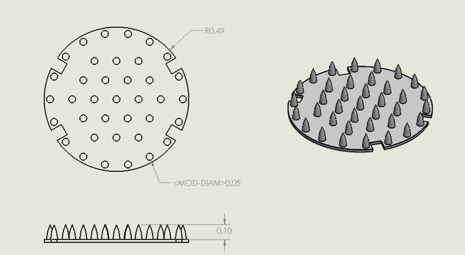 CAD drawing of the microneedle array: plan view with the needle pattern and registration cut-outs dimensioned, a sectional view giving the 0.10 needle height, and an isometric view of the array.