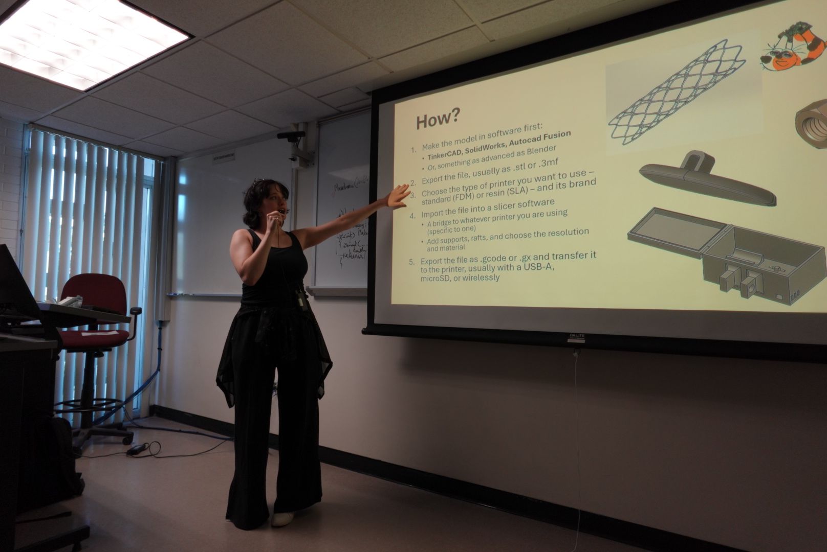 Presenting the 3D printing workflow — modelling, export, slicing, and choosing a printer.