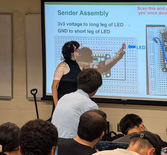 Walking a full room through the sender assembly, with the breadboard wiring diagram projected on screen.